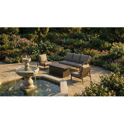 Καθιστικό Κήπου Αλουμινίου Σέτ 4 Τεμαχίων Με Σκελετό Αλουμινίου Και Wide Pe Wicker Με Εστία Υγραερίου Για Θέρμανση Στο Τραπέζι