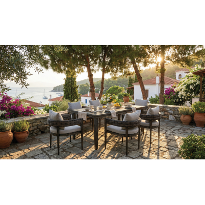 SKIATHOS Τραπεζαρία Rattan Σέτ 7 Τεμαχίων ,Με Αλουμίνιο Σκελετό 183 x 101,5 x 76(h)cm