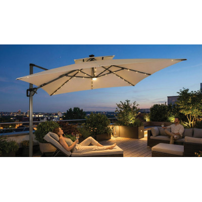 Γωνιακή Τετράγωνη Ομπρέλα 300 x 300  ,Περιστρεφόμενη 360 , Με Αλουμίνιο Κορμό Πετάλι Ασφαλείας ,Μεγάλο Αεραγωγό Και Φωτισμό Led Με Ηλιακό Πάνελ 