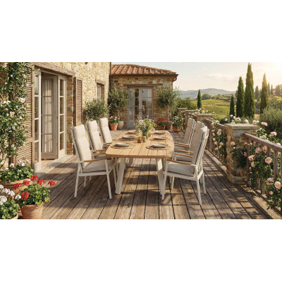 MONEMVASIA Επεκτεινόμενη Τραπεζαρία Αλουμινίου Σέτ 7 Τεμαχίων Με Ξύλο Teak Και Μηχανισμό Αναδίπλωσης Πλάτης Στίς Πολυθρόνες 210/270 x 101 x 74,5cm