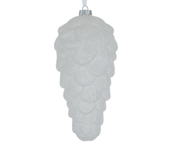 Λευκή Γυάλινη Χριστουγεννιάτικη Μπάλα Κουκουνάρι 18cm,Σέτ/2