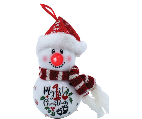 Κόκκινη Πλαστική Χριστουγεννιάτικη Μπάλα My First Christmas Με Led Φώς Μπαταρίας 8 x 8 x 15cm