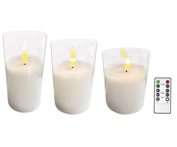 Διακοσμητικά Κεριά Μπαταρίας 2 x AA Σε Ποτήρι Με Κοντρόλ 10 Προγραμμάτων Και Timer - Dimmer ,Σέτ 3 Τεμαχίων Ø 7,5 x 10 , Ø 7,5 x 12,5 , Ø 7,5 x 15cm