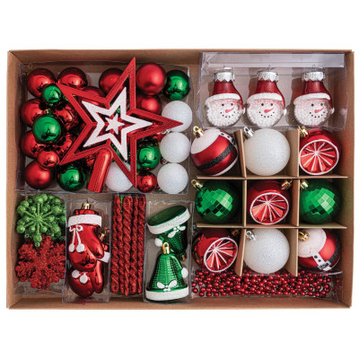 Σέτ 86 Τεμαχίων , Κόκκινα , Λευκά ,Πράσινα Διακοσμητικά Στολίδια 3-12cm Και Κορυφή 16cm