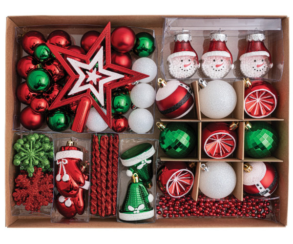 Σέτ 86 Τεμαχίων , Κόκκινα , Λευκά ,Πράσινα Διακοσμητικά Στολίδια 3-12cm Και Κορυφή 16cm