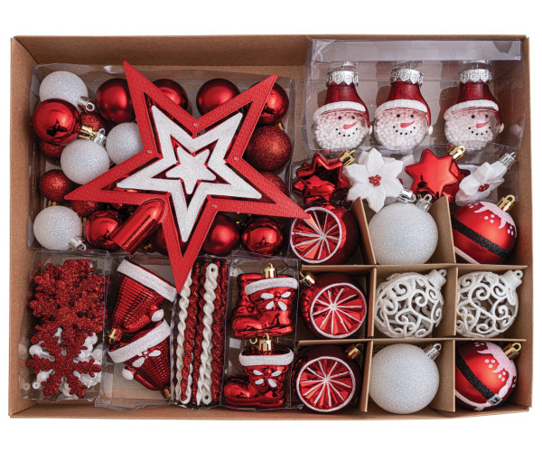 Σέτ 89 Τεμαχίων , Κόκκινα , Λευκά Διακοσμητικά Στολίδια 4-12cm Και Κορυφή 19cm