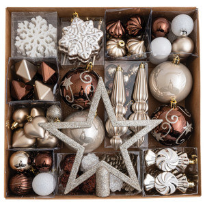 Σέτ 98 Τεμαχίων , Καφέ , Λευκά , Σαμπανί Διακοσμητικά Στολίδια 3-12cm Και Κορυφή 20cm