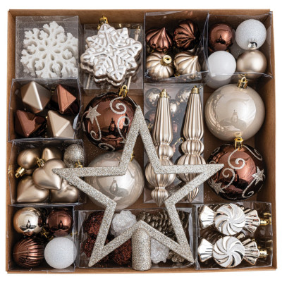 Σέτ 98 Τεμαχίων , Καφέ , Λευκά , Σαμπανί Διακοσμητικά Στολίδια 3-12cm Και Κορυφή 20cm