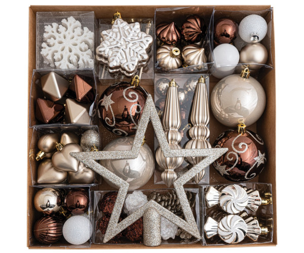 Σέτ 98 Τεμαχίων , Καφέ , Λευκά , Σαμπανί Διακοσμητικά Στολίδια 3-12cm Και Κορυφή 20cm