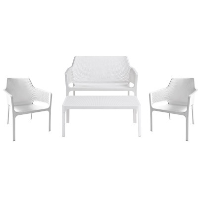 Λευκό Καθιστικό Σέτ Πολυπροπυλένιου 4 Τεμαχίων Με Μαξιλάρια Καθίσματος 