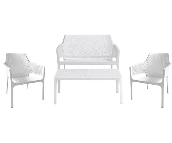 Λευκό Καθιστικό Σέτ Πολυπροπυλένιου 4 Τεμαχίων Με Μαξιλάρια Καθίσματος 