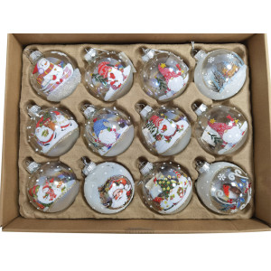 Λευκές Γυάλινες Χριστουγεννιάτικες Μπάλες Σέτ 12τεμαχίων , 12 Σχέδια 8cm