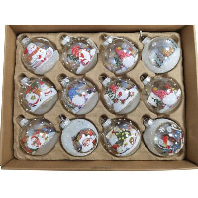 Λευκές Γυάλινες Χριστουγεννιάτικες Μπάλες Σέτ 12τεμαχίων , 12 Σχέδια 8cm