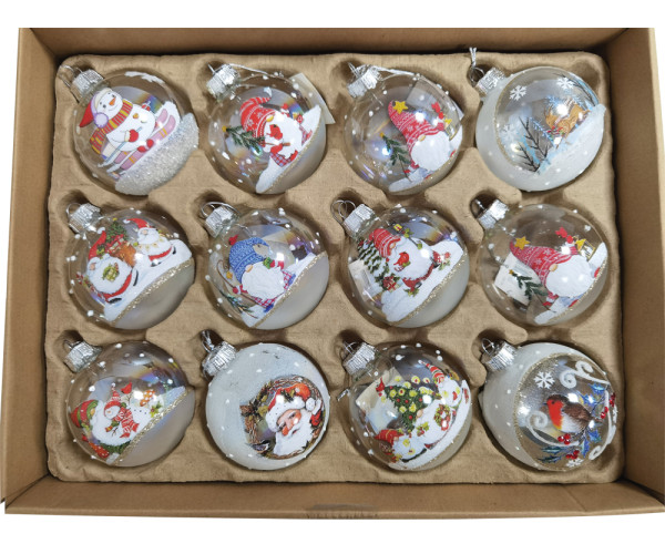 Λευκές Γυάλινες Χριστουγεννιάτικες Μπάλες Σέτ 12τεμαχίων , 12 Σχέδια 8cm