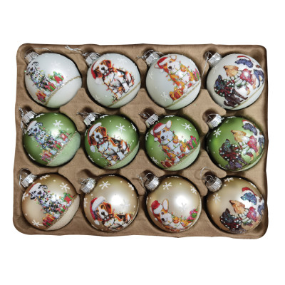 Γυάλινες Χριστουγεννιάτικες Μπάλες Σέτ 12τεμαχίων , 12 Σχέδια 8cm