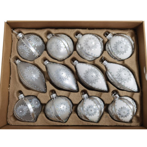 Ασημί Γυάλινες Χριστουγεννιάτικες Μπάλες 8 - 12cm , Σέτ/12 Τεμαχίων , 3 Σχέδια