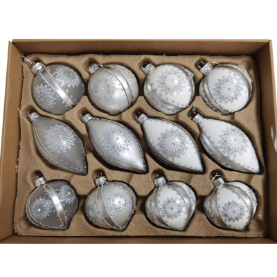 Ασημί Γυάλινες Χριστουγεννιάτικες Μπάλες 8 - 12cm , Σέτ/12 Τεμαχίων , 3 Σχέδια