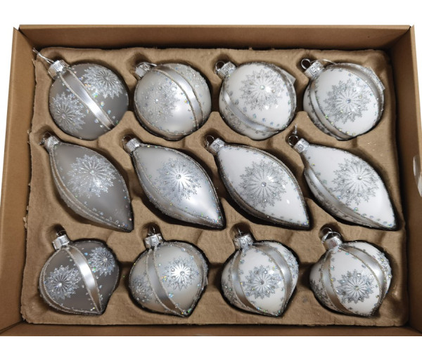 Ασημί Γυάλινες Χριστουγεννιάτικες Μπάλες 8 - 12cm , Σέτ/12 Τεμαχίων , 3 Σχέδια
