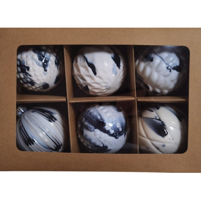 Μπλέ Γυάλινη Χριστουγεννιάτικη Μπάλα 8cm , Σέτ/6 Τεμαχίων , 6 Σχέδια