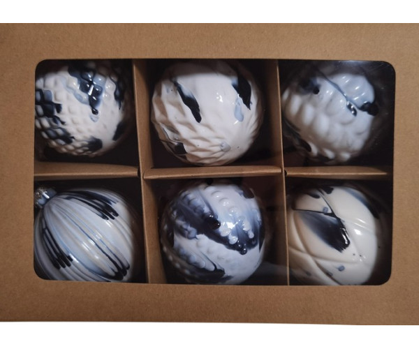 Μπλέ Γυάλινη Χριστουγεννιάτικη Μπάλα 8cm , Σέτ/6 Τεμαχίων , 6 Σχέδια