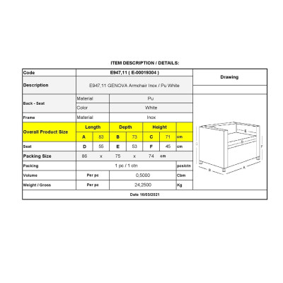 GENOVA Πολυθρόνα Σαλονιού Καθιστικού, Ιnox - Pu Άσπρο