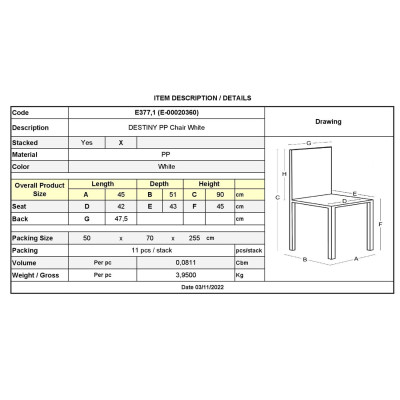 DESTINY Καρέκλα Πολυπροπυλένιο (PP), Απόχρωση Άσπρο, Στοιβαζόμενη