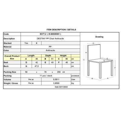 DESTINY Καρέκλα Πολυπροπυλένιο (PP), Απόχρωση Ανθρακί, Στοιβαζόμενη
