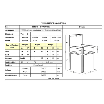 VEGERA Πολυθρόνα Dining Αλουμίνιο Βαφή Καρυδί Textilene Μαύρο, Στοιβαζόμενη