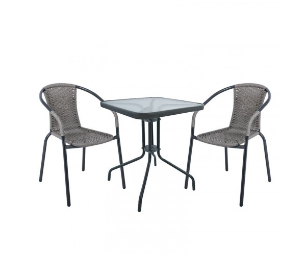 BALENO Set Κήπου - Βεράντας: Τραπέζι + 2 Πολυθρόνες Μέταλλο Ανθρακί, Wicker Mixed Grey