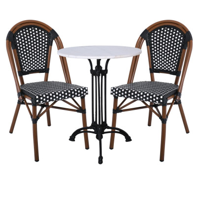PARIS Καρέκλα Bistro Αλουμίνιο Καρυδί, Wicker Μαύρο - Άσπρο, Στοιβαζόμενη