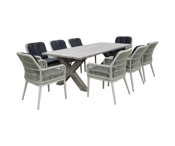 ALLEY Set Τραπεζαρία Κήπου ALU & Rope Grey-Μαξιλ.Ανθρακί: Τραπέζι 220x94 + 8 Πολυθρόνες