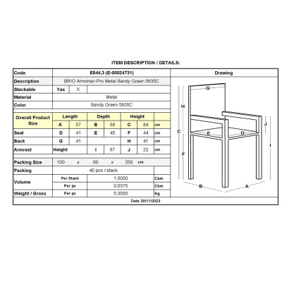 BRIO Πολυθρόνα-Pro Στοιβαζόμενη, Μέταλλο Βαφή Sandy Green 5635C