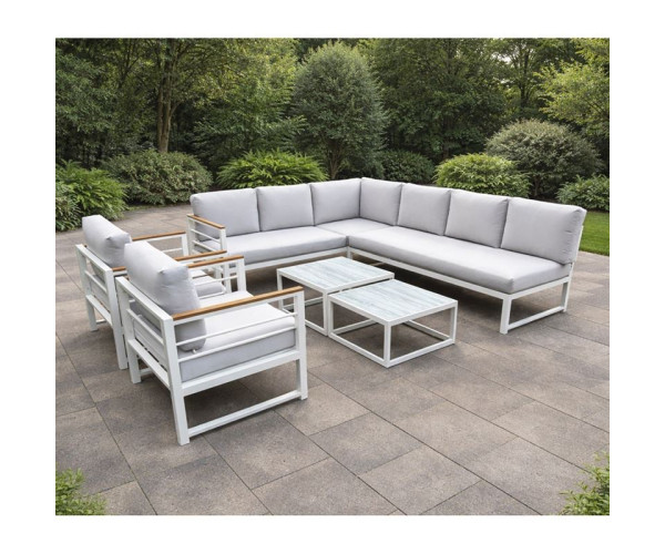 MARILIAN Set Σαλόνι Κήπου, Πολυμορφικό 6τεμ, Μέταλλο Βαφή Άσπρο, Μαξιλάρια Γκρι