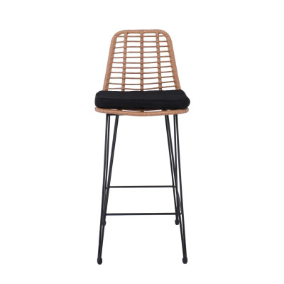 SALSA Σκαμπό BAR-Pro με Πλάτη, Μέταλλο Βαφή Μαύρο - Wicker Φυσικό, με Μαξιλάρι Μαύρο