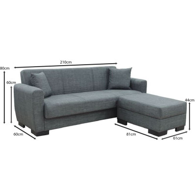 JACKSON-Max Καναπές - Κρεβάτι & Σκαμπό με Χώρους Αποθήκευσης Ύφασμα Σκούρο Γκρι