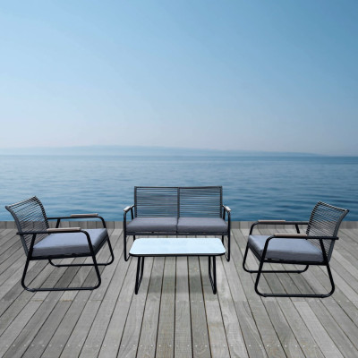 ROCCO Set Σαλόνι Κήπου 4τεμ, Μέταλλο Μαύρο,RopeWicker Γκρι, Μαξιλ.Σκούρο Γκρι, Γυαλί Μαύρο