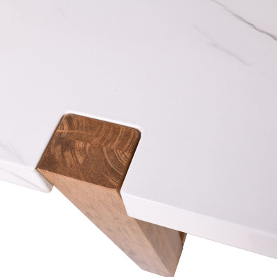 COMET Set Τραπεζαρία Ξύλινη: Τραπέζι+6 Καρέκλες, Φυσικό με Mdf Άσπρο Μάρμαρο,Ύφασμα Άσπρο