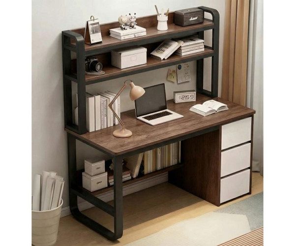 ΓΡΑΦΕΙΟ Η/Υ 3 Συρτάρια 3 Ράφια Μέταλλο Βαφή Μαύρο, MDF Απόχρωση Καρυδί