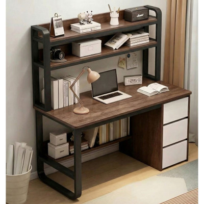 ΓΡΑΦΕΙΟ Η/Υ 3 Συρτάρια 3 Ράφια Μέταλλο Βαφή Μαύρο, MDF Απόχρωση Καρυδί