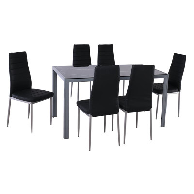 JETTA-DEGO Set Τραπεζαρία: Τραπέζι + 6 Καρέκλες, Μέταλλο Γκρι - Γυαλί Μαύρο - PVC Μαύρο