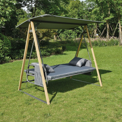 SURF Κούνια 3θέσια - Κρεβάτι, Μέταλλo Βαφή Φυσικό & Ανθρακί, Ύφασμα Γκρι