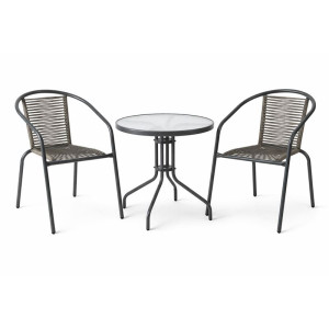 MIKA Set Κήπου - Βεράντας: Τραπέζι + 2 Πολυθρόνες Μέταλλο Βαφή Ανθρακί, PE Rattan Γκρι