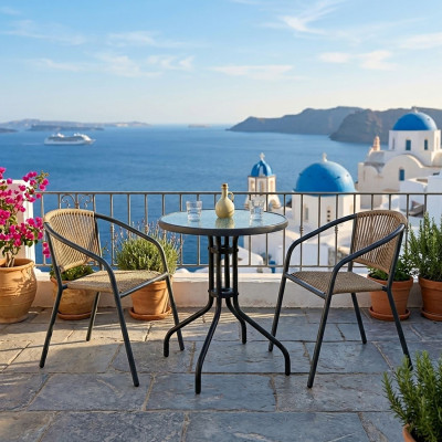 PATTY Set Κήπου - Βεράντας: Τραπέζι + 2 Πολυθρόνες Μέταλλο Βαφή Ανθρακί, PE Rattan Φυσικό