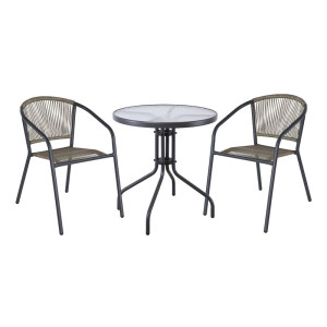 PATTY Set Κήπου - Βεράντας: Τραπέζι + 2 Πολυθρόνες Μέταλλο Βαφή Ανθρακί, PE Rattan Γκρι