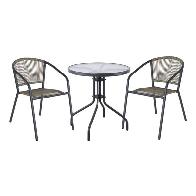 PATTY Set Κήπου - Βεράντας: Τραπέζι + 2 Πολυθρόνες Μέταλλο Βαφή Ανθρακί, PE Rattan Γκρι