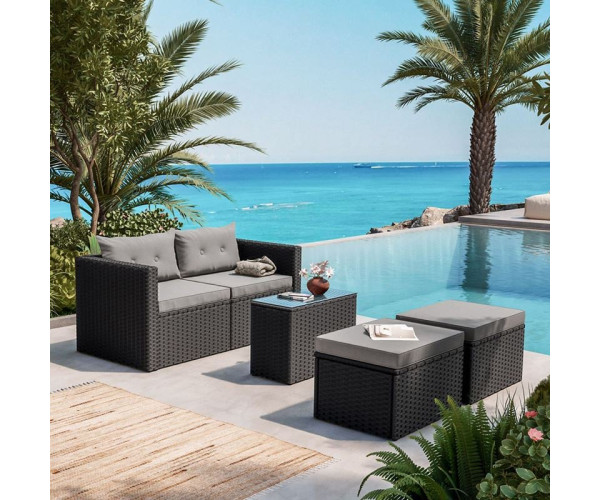 JAKARTA Set Σαλόνι Κήπου K/D, Πολυμορφικό 5τ, Μέταλλο-Wicker Μαύρο, Μαξιλάρια Γκρι