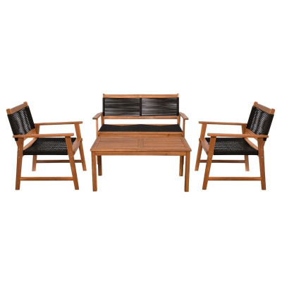 SPRING Set Σαλόνι Κήπου Ακακία Φυσικό, Wicker Μαύρο: Τραπέζι + Καναπέ 2Θέσιο + 2 Πολυθρόνες