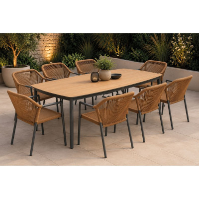 DENVER-DINA Set Τραπεζαρία: 8 Πολυθρόνες + Τραπέζι, Alu Γκρι Polywood & Rope Wicker Φυσικό