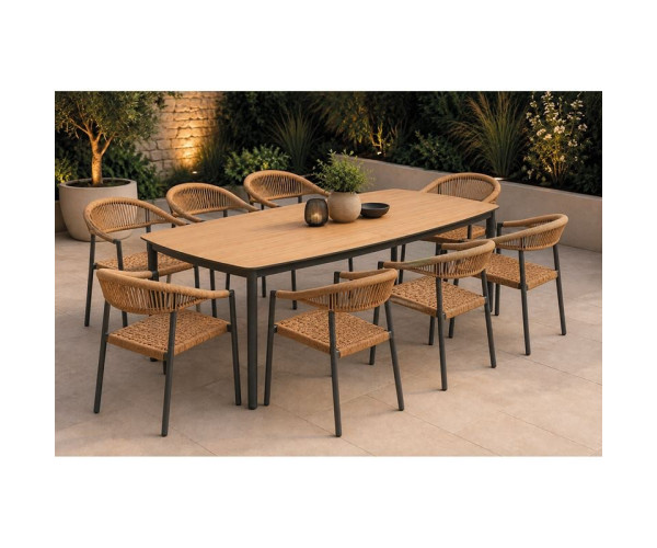 DENVER-MADISON Set Τραπεζαρία: 8 Πολυθρόνες + Τραπέζι, Alu Γκρι Polywood & Wicker Φυσικό