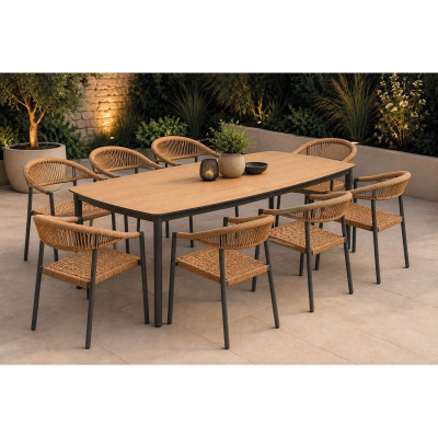 DENVER-MADISON Set Τραπεζαρία: 8 Πολυθρόνες + Τραπέζι, Alu Γκρι Polywood & Wicker Φυσικό